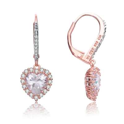 Genevive Sterling Silver Gold Plated Cubic Zirconia Pear Heart Pave Halo Drop Dangle Earrings In Pink