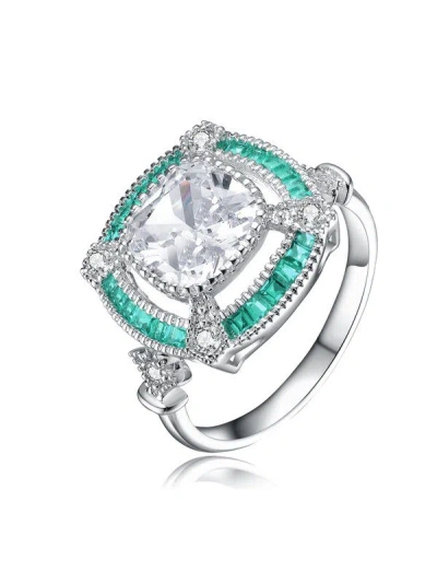 Genevive Sterling Silver White Gold Plated With Baguette And Round Colored Cubic Zirconia Modern Ring In Green