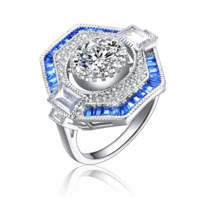 Genevive Sterling Silver White Gold Plated With Baguette And Round Cubic Zirconia Modern Ring In Blue
