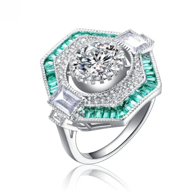 Genevive Sterling Silver White Gold Plated With Baguette And Round Cubic Zirconia Modern Ring In Green