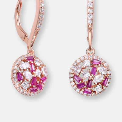 Genevive Sterling Silver White Gold Plated With Baguette, Oval And Round Cubic Zirconia Round Leverback Earri In Pink