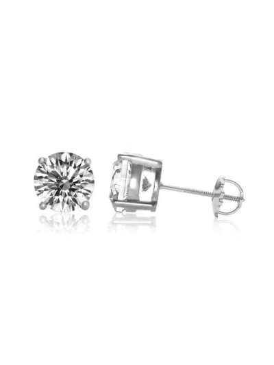 Genevive Sterling Silver White Gold Plated With Clear Cubic Zirconia Solitaire Screw Back Stud Earrings In Grey