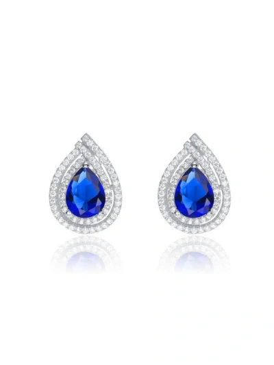 Genevive Sterling Silver White Gold Plated With Colored Cubic Zirconia Pear Shape Earrings In Blue