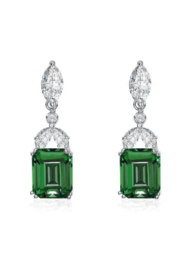Genevive Sterling Silver White Gold Plating With Colored Cubic Zirconia Drop Earrings In Green