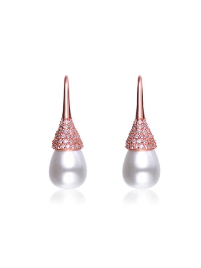 Genevive Sterling Silver With Clear Cubic Zirconia And Pearl Bulb Earrings In Metallic
