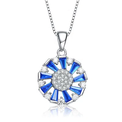 Genevive Sterling Silver With Colored Baguette Cubic Zirconia Wreath Pendant Necklace In Blue