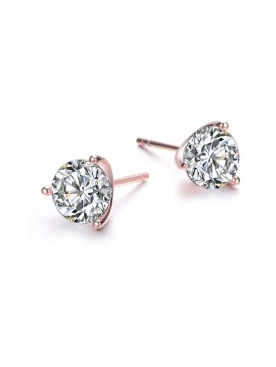 Genevive Sterling Silver With Martini Setting Clear Cubic Zirconia Solitaire Stud Earrings In Pink