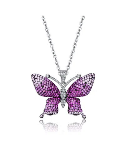 Genevive Sterling Silver With Rhodium And Black Plated Ruby Cubic Zirconia Butterfly Pendant Necklace In Metallic
