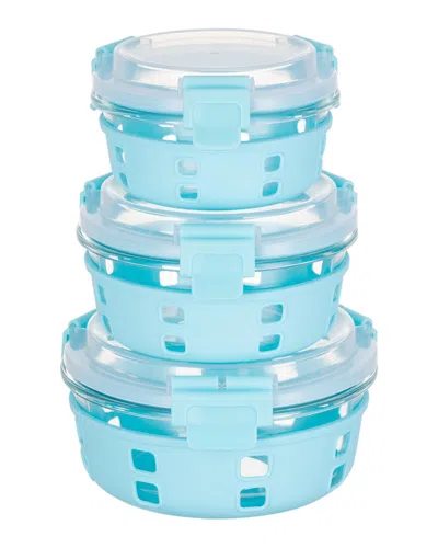 Genicook 3 Pc Square Container Hi-top Lids With Pro Grade Removable Lockdown Levers Silicone Sleeve Set In Aqua Blue
