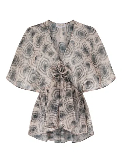 Genny Abstract-print Tie-front Top In Gray