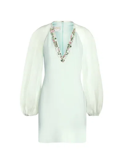 Genny Balloon Sleeve Embellished Mni Dress In Green