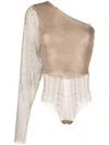 Genny Batwing-sleeve Rhinestone-mesh Bodysuit In Gold