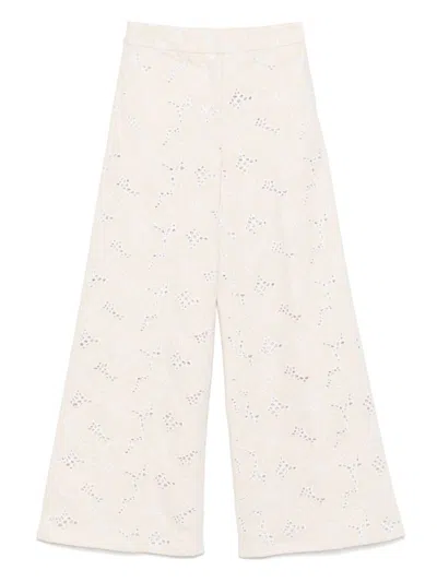 Genny Beige Floral-embroidered Palazzo Pants In Neutral