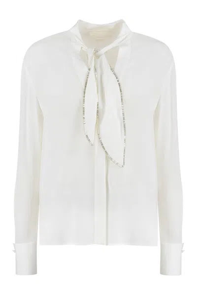 Genny Creased Pleated Shirt With Pussy-bow Collar In White