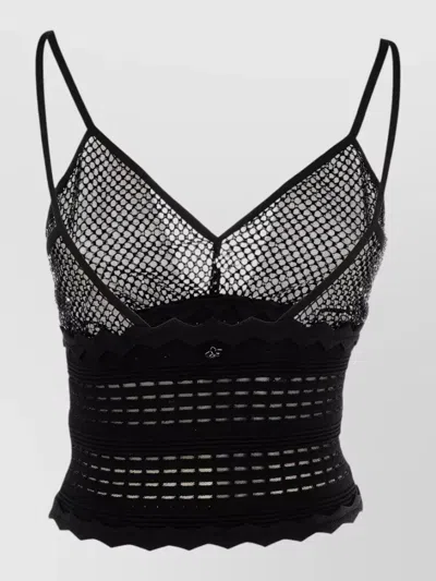 Genny Cropped Mesh Top Scalloped Hem Spaghetti Straps In Black