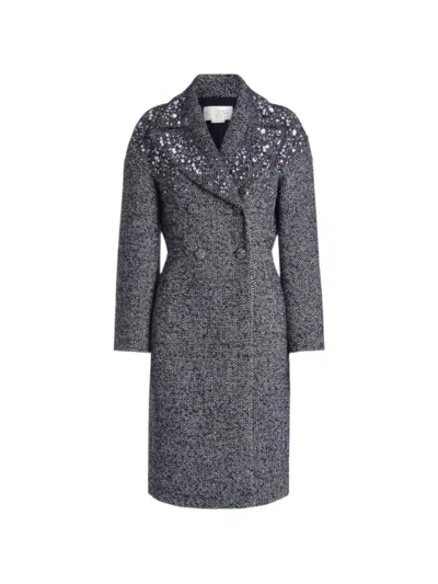 Genny Crystal-embellished Herringbone Coat In Black