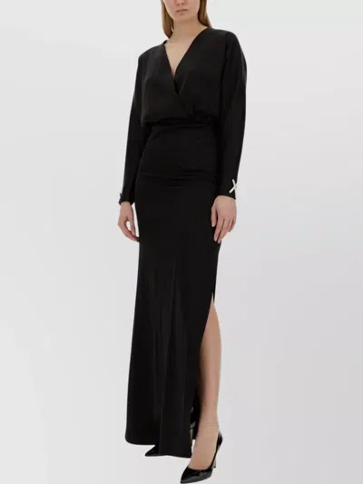 GENNY DRAPED V-NECKLINE LONG DRESS WITH EMBELLISHED CUFFS