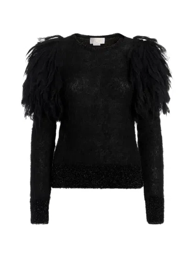 Genny Feather-embellished Metallic-trim Sweater In Black