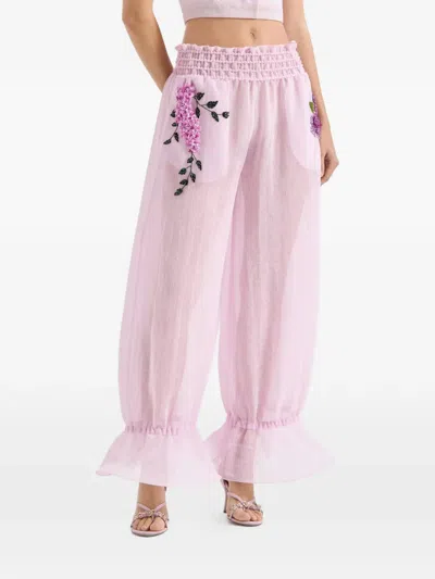 Genny Floral Appliqué Ruffled Trousers In Pink