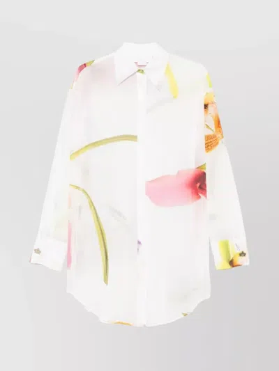 Genny Floral Print Sheer Cotton Shirt With Belted Waist In White