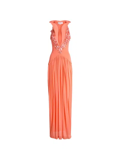 Genny Floral-appliqué Pleated Maxi Dress In Orange