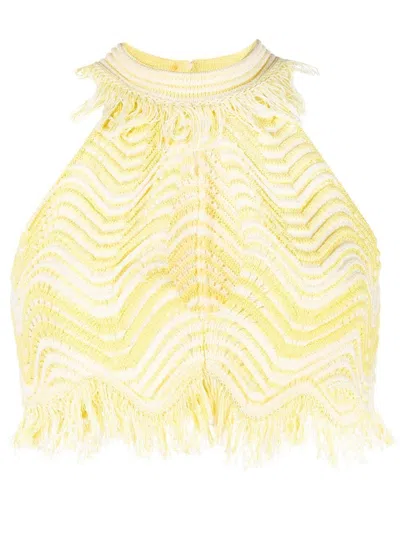Genny Fringe-detail Knitted Cropped Top In Yellow