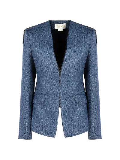 Genny Herringbone Decorative Blazer In Blue
