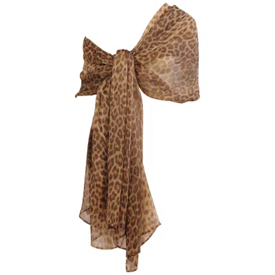 Pre-owned Genny Leopard Print Sheer Silk Chiffon Shawl In Brown