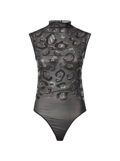 Genny Leopard-pattern Crystal-embellished Bodysuit In Black