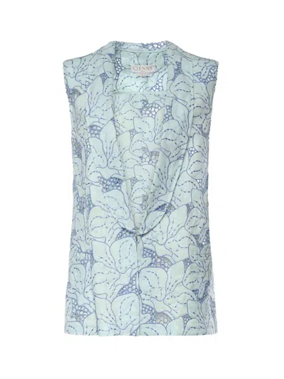 Genny Linen Vest With Orchid Embroidery In Blue