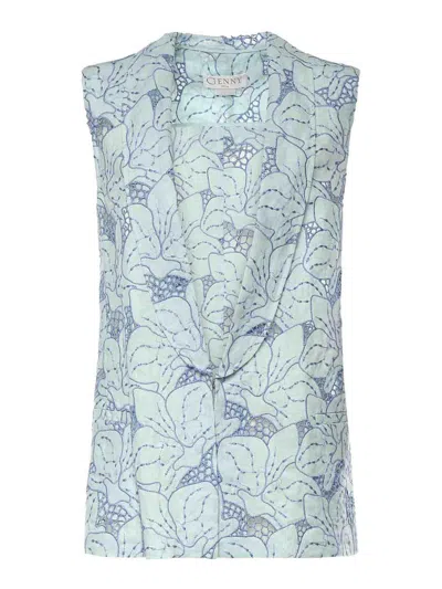 Genny Linen Vest With Orchid Embroidery In Green