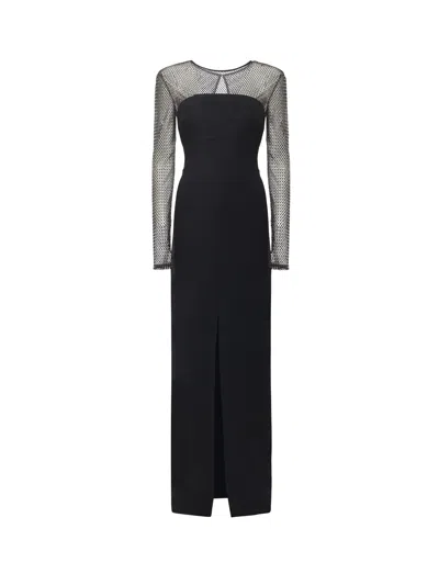 Genny Long Dress With Mesh Sleeves And Rhinestones In Black