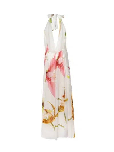 Genny Long Dress With Orchid Print In White