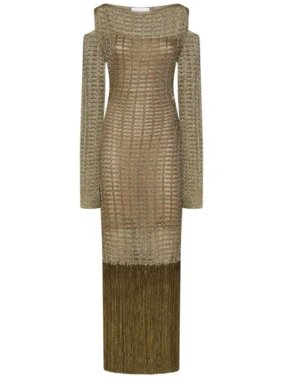 Genny Long Gold-colored Viscose Blend Knit Dress In Neutrals