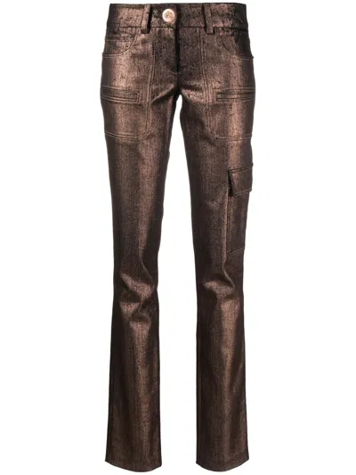 Genny Metallic-finish Straigh-leg Trousers In Brown