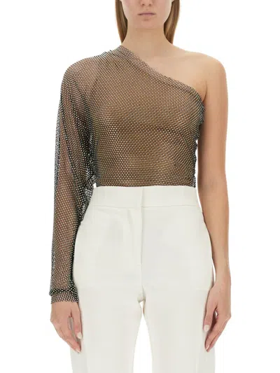 Genny One-shoulder Long-sleeve Bodysuit In Brown