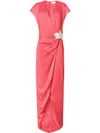 Genny Orchid-brooch Draped Maxi Dress In Pink