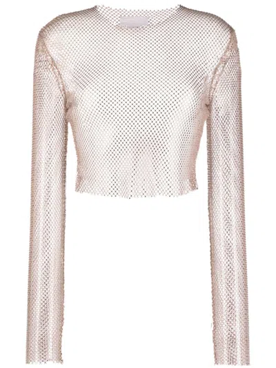 Genny Rhinestone Mesh Cropped Blouse In Neutrals