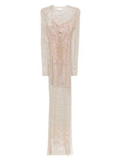 Genny Rhinestoned Mesh Maxi Dress In Neutrals