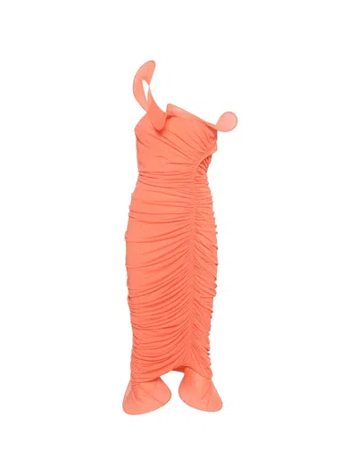 Genny Ruched Ruffled Dress In Orange