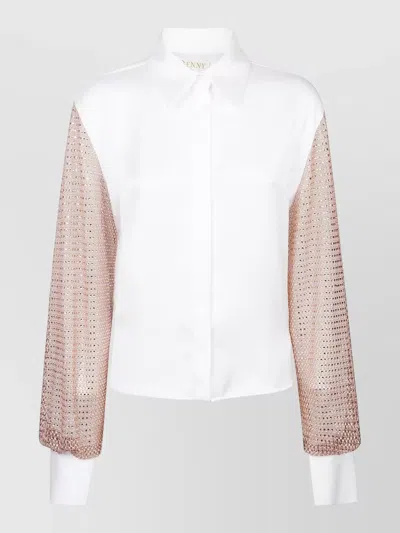 Genny Satin Shirt Collared Neck Embellished Sheer Sleeves In White