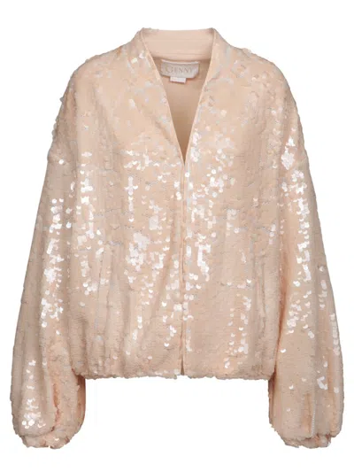 Genny Sequined Collarless Pink Bomber Jacket