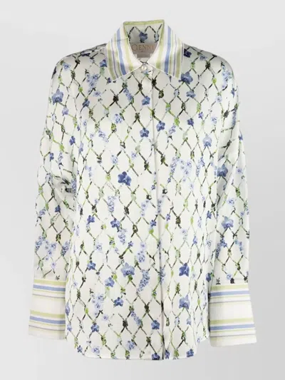Genny Shirt Collared Neck Cuffed Sleeves Floral Pattern In White
