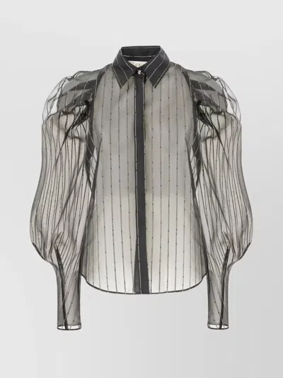 Genny Striped Sheer Blouse Puff Sleeves In Black