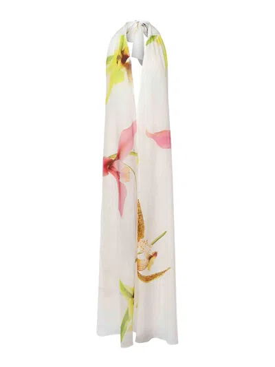 Genny Long Dress With Orchid Print In White