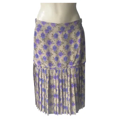 Pre-owned Genny Vintage Pleated Floral Silk Skirt, Made In Italy, 1990s In Gray