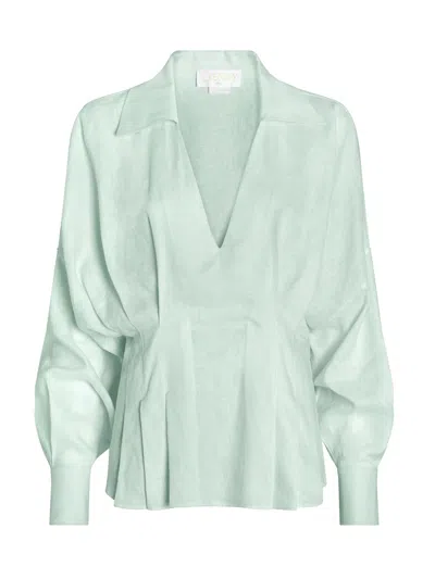 Genny V-neck Collared Long Sleeve Shirt With Buttoned Cuffs And Pleated Detail In Green