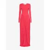 GENNY WOMENS BRIGHT ROSE LONG-SLEEVE GATHERED-WAIST STRETCH-JERSEY MAXI DRESS