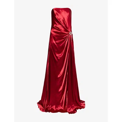 GENNY WOMENS SKI PATROL DRAPED BROOCH-EMBELLISHED SATIN MAXI DRESS