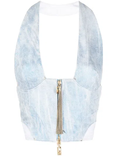 Genny Zip-up Halterneck Top In Blue
